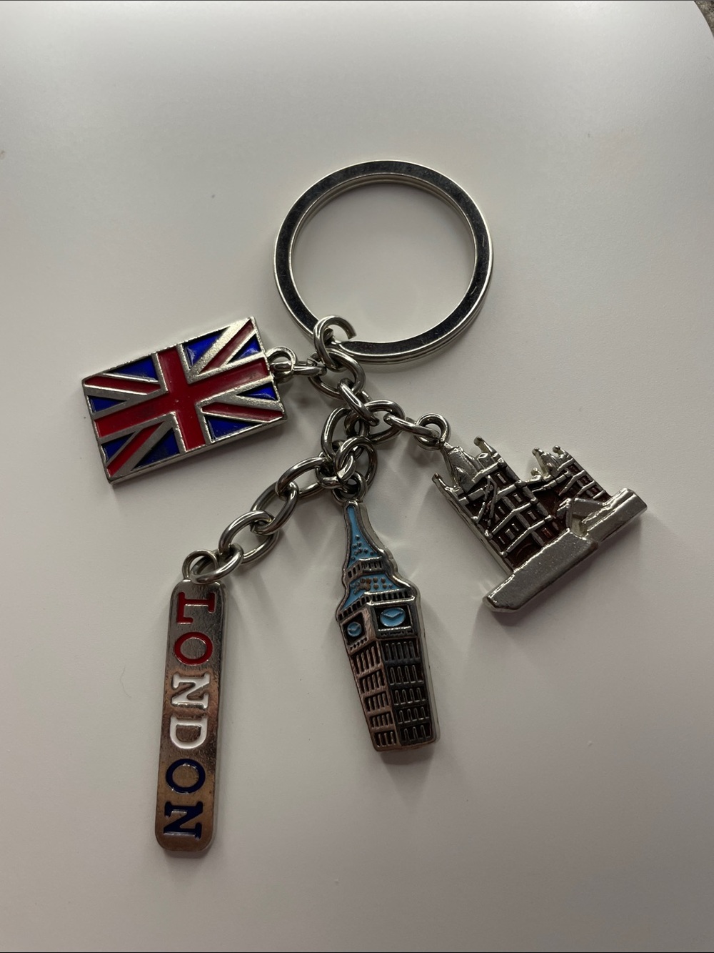 Keychain Silver London Charms with Red and Blue Enamel Accents